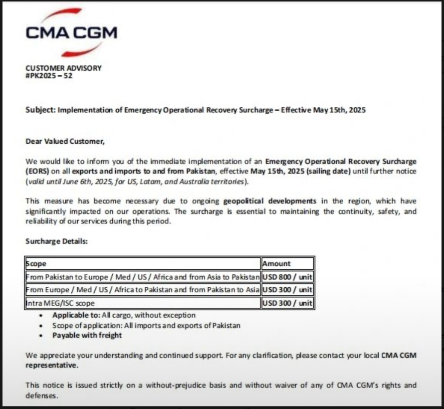 CMA CGM Imposes Emergency Operational Recovery Surcharge on Pakistan Trade Lanes