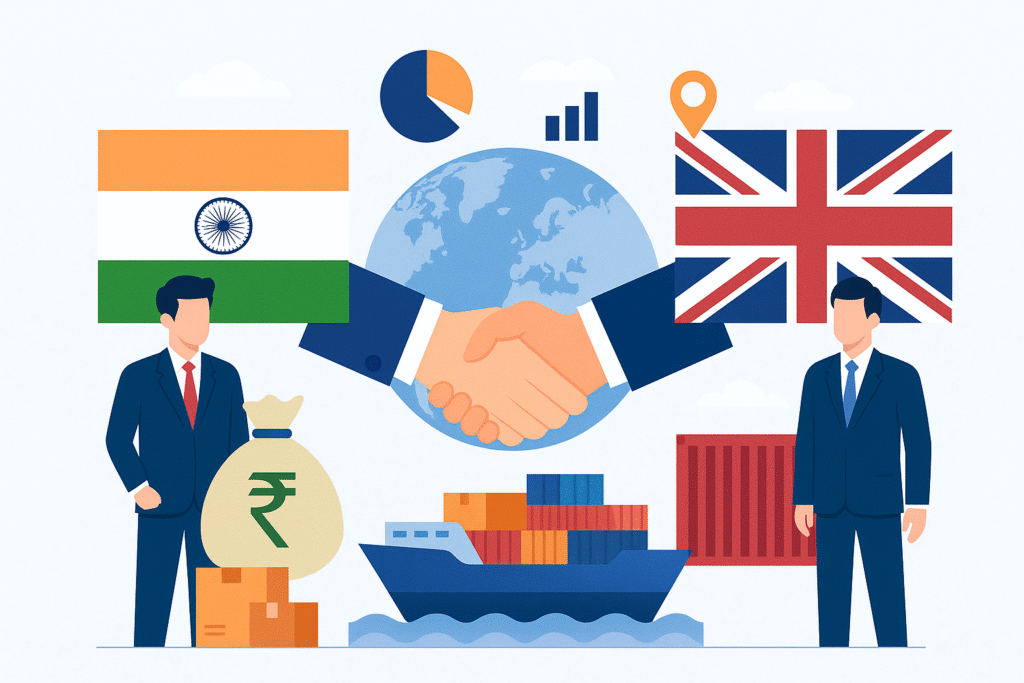Illustration of the India-UK Free Trade Agreement showing handshake in front of a globe, Indian and UK flags, businessmen representing trade, a cargo ship with containers, and icons symbolizing global commerce and zero tariff exports