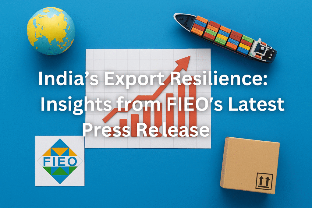 Flat lay of India’s export growth concept featuring a rising bar graph, cargo ship, globe, cardboard export box, and FIEO logo, symbolizing global trade and resilience.