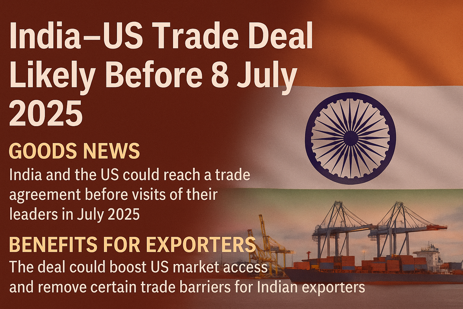 India–US trade deal announcement banner showing Indian flag, cargo port, and text highlighting benefits for Indian exporters and expected agreement before 8 July 2025.