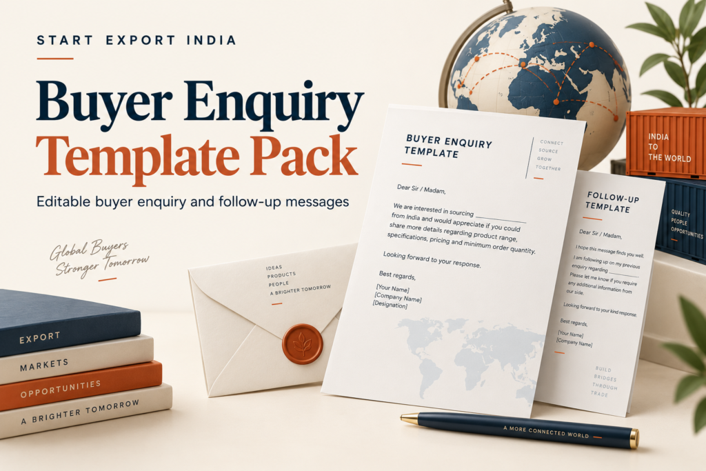 Buyer Enquiry Template Pack banner with illustrative enquiry and follow-up letters and globe