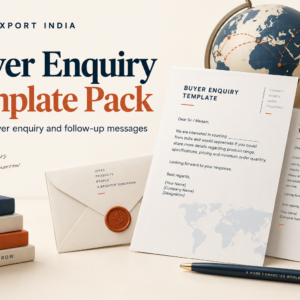 Buyer Enquiry Template Pack banner with illustrative enquiry and follow-up letters and globe