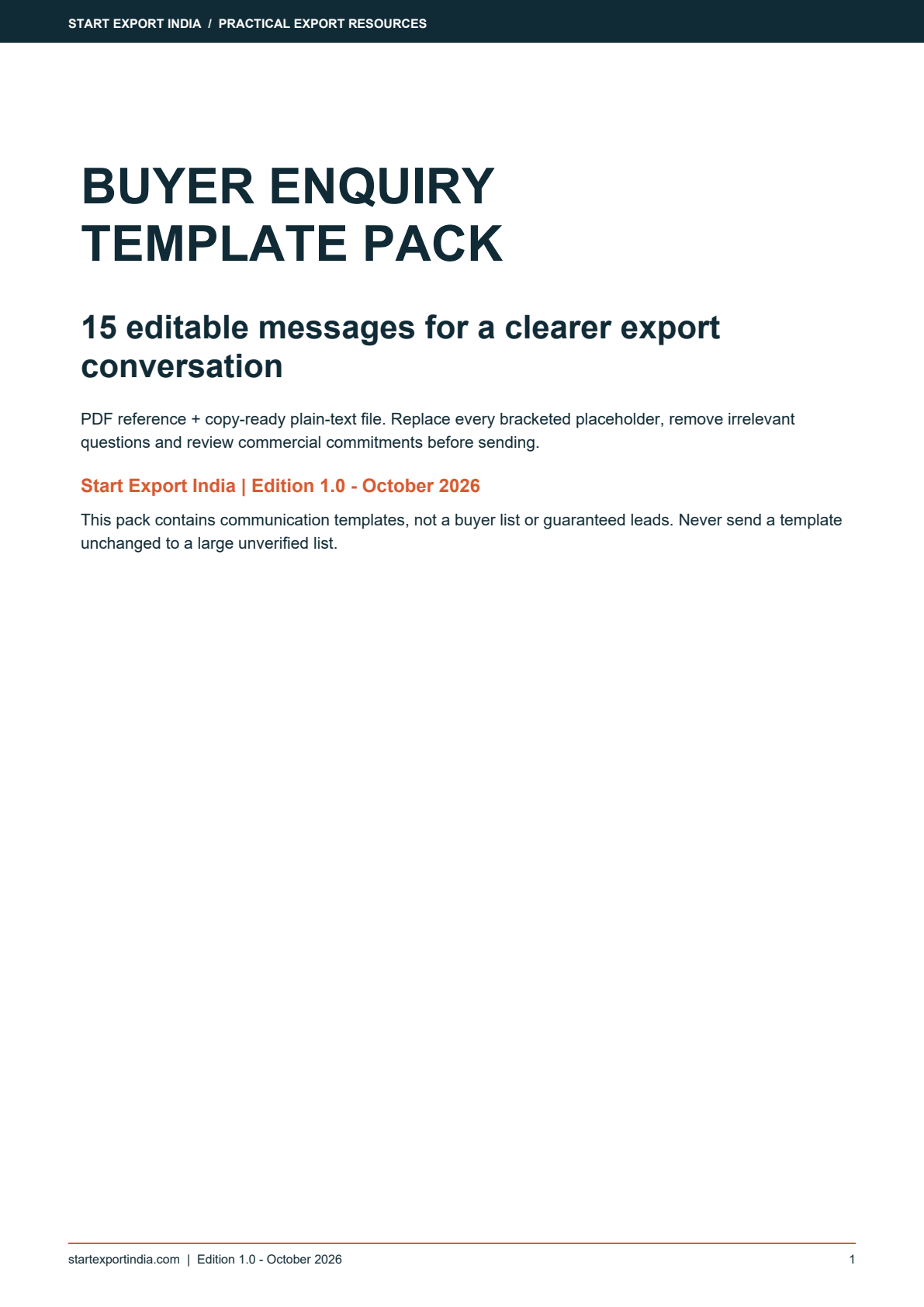 Cover of the Buyer Enquiry Template Pack with 15 editable messages