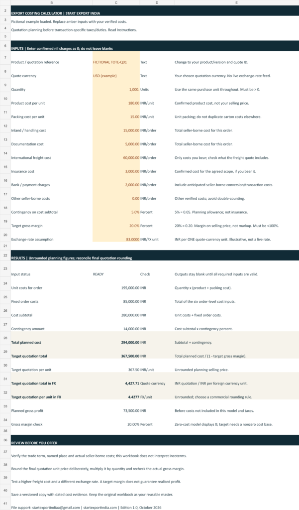 Export Costing Calculator worksheet showing editable inputs and quotation results