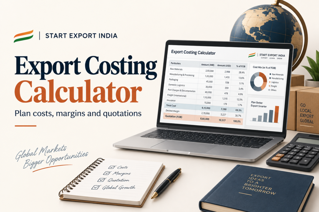 Export Costing Calculator banner with illustrative spreadsheet, calculator and globe