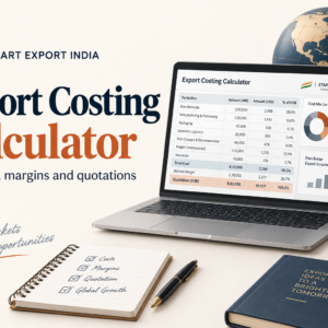 Export Costing Calculator banner with illustrative spreadsheet, calculator and globe