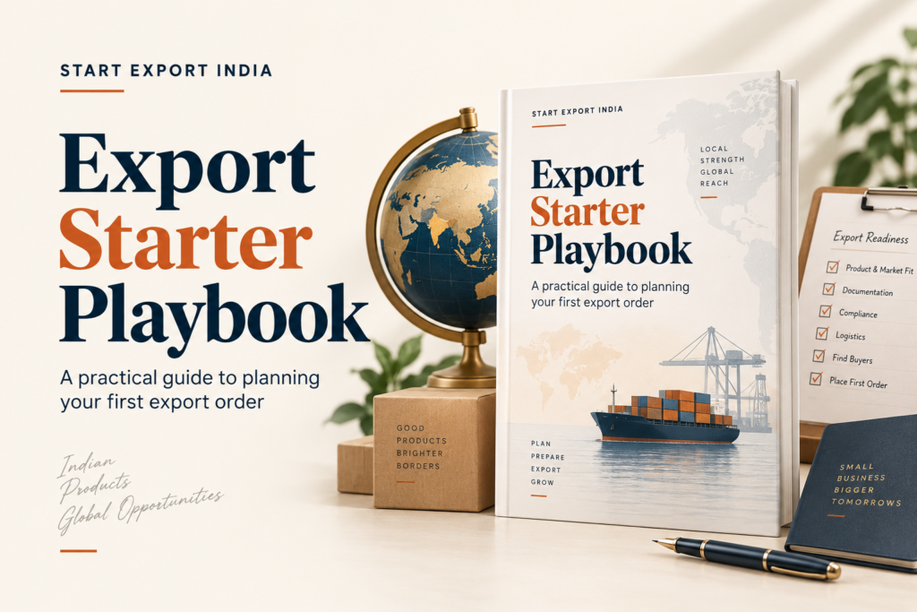 Export Starter Playbook banner with illustrative ebook, globe and export planning checklist