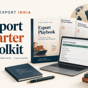 Export Starter Toolkit banner with illustrative ebook, buyer message templates and costing spreadsheet