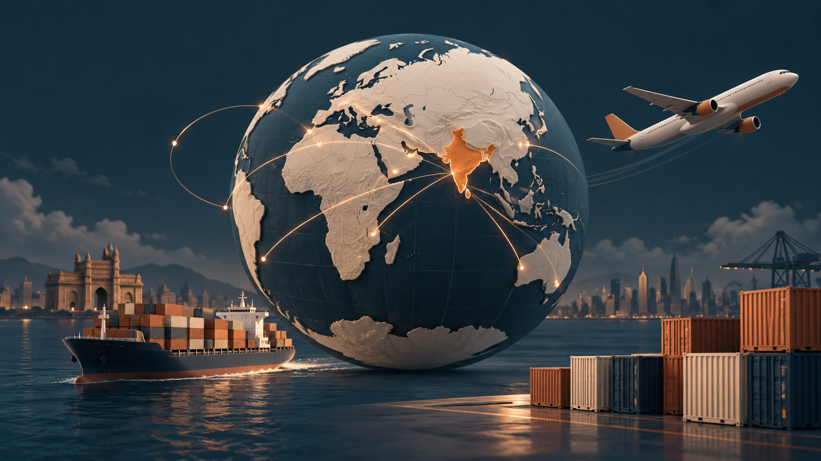 Illustration of trade connections from India with a globe, container ship and aircraft